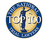 The National Top 100 Trial Lawyers logo, featuring a golden seal with a statue of justice holding a scale, surrounded by the text