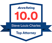 Avvo Rating badge for Steve Louis-Charles, showing a perfect 10.0 rating and the title "Top Attorney