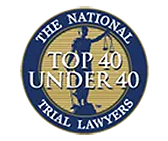 The National Top 40 Under 40 Trial Lawyers logo, featuring a golden seal with a statue of justice holding a scale, surrounded by the text