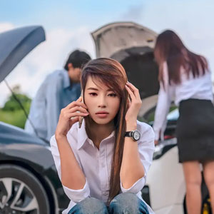 A woman claiming insurance for her car after a crash 