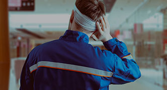 Person in a blue jacket with reflective stripes, seen from behind, with a bandage on their head, indicating a possible injury