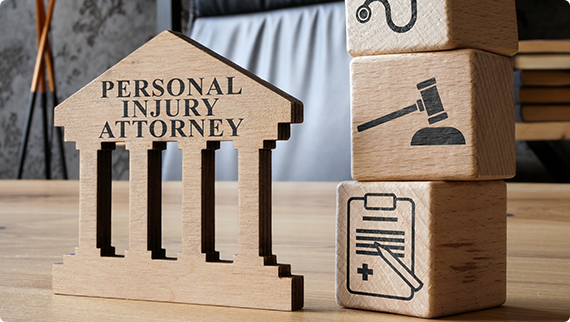 Wooden blocks with symbols of a courthouse, gavel, and clipboard with a medical symbol, representing the services of a personal injury attorney